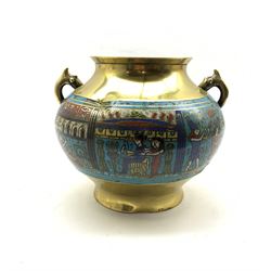 19th/ early 20th century Chinese twin-handled brass vase, the body with a central band of champlevé enamel depicting Egyptian style figures and motifs, H18cm x L22cm