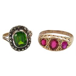 9ct gold three stone pink paste ring, hallmarked and a 15ct gold green paste and marcasite ring