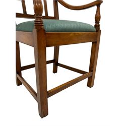 Elm and yew wood elbow chair, vase shaped splat with two moulded uprights, drop-in upholstered seat, on square supports joined by plain stretchers