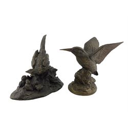 Two contemporary patinated bronze sculptures, modelled as a Pheasant Hen with five Chicks, and the other modelled as Kingfisher with wings outstretched, both unsigned H20cm (2)