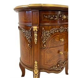 Barnini Oseo - pair French design 'Reggenza' elm bedside tables, demi-lune top with mahogany banding, fitted with three graduating drawers, the facias moulded with gilt scrolled foliate decoration, raised on cabriole supports