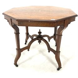 Edwardian rosewood octagonal centre table, the top inlaid with floral marquetry and boxwood stringing, raised on shaped square tapered supports united by shaped 'X' stretcher, W91cm, H73cm