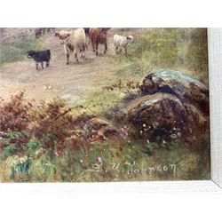 Sidney Yates Johnson (British fl.1890-1926): Highland Cattle Walking in the Trossachs, Scottish loch scene, oil on canvas signed 30cm x 60cm