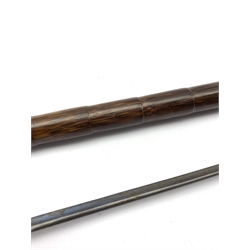 Early 20th century Partridge wood sword stick with stylized Alpacca silver curved handle and steel blade, L85cm 