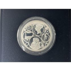 Two The Royal Mint United Kingdom 2019 silver proof piedfort five pound coins, comprising 'The Remembrance Day' and 'The 200th Anniversary of the Birth of Queen Victoria', both cased with certificates (2)