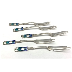 Five silver Art Nouveau pastry forks, the enamel finials shading from green to turquoise to blue Birmingham 1926 Maker Liberty & Co after a design by Archibald Knox