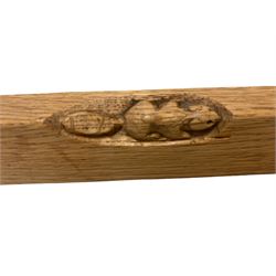 Beaverman - adzed oak nest of three tables, rectangular tops on octagonal turned supports joined by plain stretchers, carved with beaver signature, by Colin Almack, Sutton-under-Whitestone Cliffe