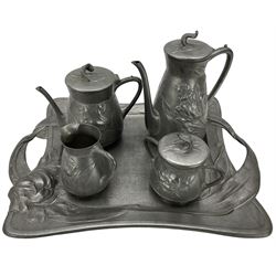 Eduard Hueck for Silberzinn, Art Nouveau five piece pewter tea & coffee set,  dated 1910, comprising teapot, coffee pot, sucrier, jug and twin handled tray, all cast with a stylized flower design, tray L50cm