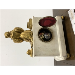 Late 19th century figural mantel clock, white marble case surmounted by a cast ormolu figure of a kneeling lady, the case inscribed 'Leroi A Paris,' eight day movement striking hammer on bell 