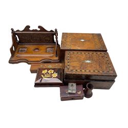 Oak inkstand, two Victorian walnut boxes and other items