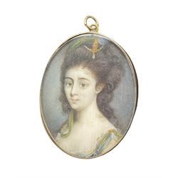 19th century small oval miniature head and shoulders portrait on ivory of a lady with a jewel in her hair 5cm x 3.75cm