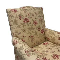 Peter Dudgeon - Georgian design mahogany framed armchair, shaped cresting rail over sprung back and seat flanked by rolled arms, upholstered in floral patterned fabric with matching seat cushion, on square supports joined by stretchers
Provenance: From the Estate of the late Dowager Lady St Oswald