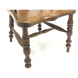 19th century elm and beech smokers bow armchair, shaped and pierced splat and spindle back, turned supports joined by H stretcher 