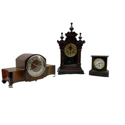 Three mantle clocks comprising an American shelf clock with a visible escapement, French slate clock and a 1930s Westminster chiming mantle clock