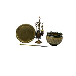 Lovatt & Lovatt Langley ware jardiniere, quantity of plated cutlery,  brass companion stand and Eastern brass tray