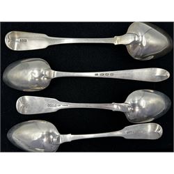Quantity of Irish cutlery comprising George III silver fiddle pattern table spoon Dublin 1814 Maker Richard Sawyer, three other Dublin table spoons, dessert spoon and five tea spoons 12oz