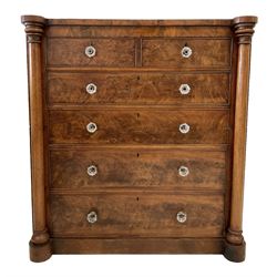 19th century mahogany chest of drawers, fitted with two short and four long drawers, flanked by two turned columns, raised on a plinth base 