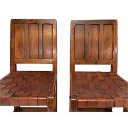 Sid Pollard - set four oak triple panel back dining chair with leather lattice seats, on octagonal front supports joined by plain stretchers