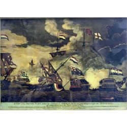 'A View of the British Fleet under the Command of Admiral Duncan Breaking through the Dutch Line', engraving with hand colouring pub. 1797 together with 'A Correct Representation of the Funeral Barge which conveyed the Body of the Late Lord Nelson from Greenwich to Whitehall', engraving with hand colouring pub. 1806 max 26cm x 36cm (2)