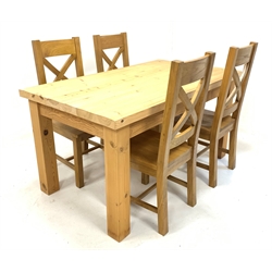 Contemporary solid pine rectangular dining table (153cm x 88cm, H79cm) together with a set of four contemporary solid oak chairs, 