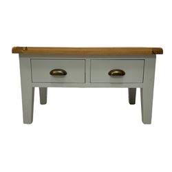 Painted oak coffee table, the rectangular top over two drawers, raised on square supports 
