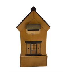 Early 20th century marquetry puzzle money box in the form of a house, possibly Japanese, H17.5cm 