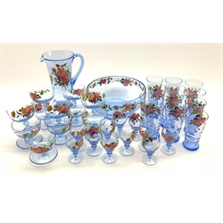  1950's floral painted drinking glass set comprising twelve tumblers, eleven liquor glasses, eleven sundae glasses, water jug and fruit bowl  