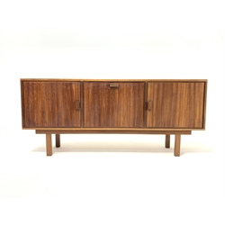 Rare Mid 20th century French hardwood sideboard, with fall front cupboard enclosing shelf, flanked by cupboards, Circa 1950, Bearing 'CFG Compagnie Francaise Du Gabon Port Gentil Equatorial Africa' Label to rear, W182cm, H79cm, D42cm