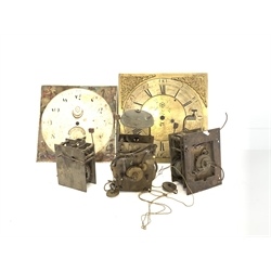  Two eight day Longcase clock movements, (W14cm) a 30 hour longcase clock movement, (W10cm) and two dials (W35cm)  