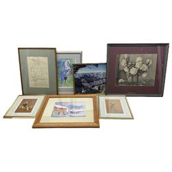 JRR (British 20th Century): 'Castle Combe - Wiltshire', gouache unsigned, titled and inscribed beneath mount verso together with two original sketches one signed A E Black, a watercolour of a horse, one photograph and two dog prints in one box max 29cm x 37cm (7)