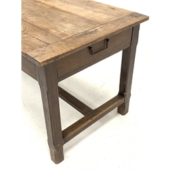 19th century French fruit wood kitchen table, plank top with bread boarded ends, straight supports connected by oak stretchers, drawer to each end, 189cm x 81cm, H79cm