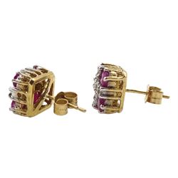Pair of 9ct gold ruby and diamond square cluster stud earrings, hallmarked