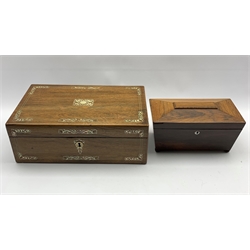 Victorian rosewood table writing box with mother of pearl inlay W40cm and a mid 19th Century rosewood sarcophagus shape tea caddy W27cm