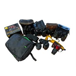 Nikon D3300 camera (untested), various camera accessories,  Zenith 10X50 binoculars, three further pairs of binoculars etc, in one box