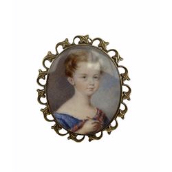 19th century miniature oval head and shoulders portrait of a girl holding a pen in gilt frame 5.5cm x 4cm