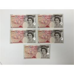 Five Bank of England Kentfield uncirculated fifty pound notes, all with prefix 'L12', consecutive serial numbers