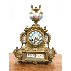 19th century French brass mantel clock with Sevres porcelain panels, surmounted by urn finial, eight day twin train movement striking on bell, W30cm