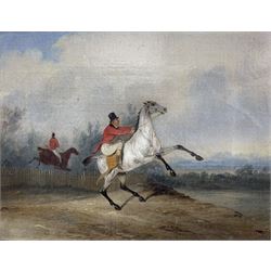 Circle of Henry Thomas Alken (British 1785-1851): Huntsman on Bucking Horse, oil on canvas unsigned   16cm x 20cm