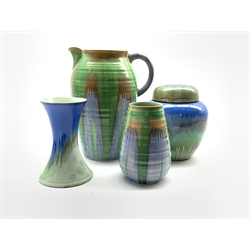  Shelley drip glazed ginger jar and cover in blue and green H17cm, similar vase H15cm, Shelley ribbed jug in blue and green H26cm and a matching vase H15cm  