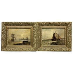 J Calinson (British 19th century): Ships Sailing off Dockland Coast, pair oils on canvas signed, housed in matching gilt frames with foliate and poppy design 17cm x 22cm (2)