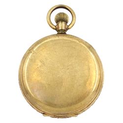 Early 20th century gold-plated open face keyless lever pocket watch by Thomas Russell & Son Liverpool, white enamel dial with Arabic numerals signed 'Tempus Fugit', with subsidiary seconds dial 
