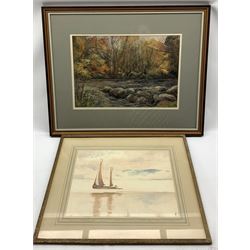 H T M Craig (British contemporary): 'Penkiln Burn Autumn' pastel signed together with English School (20th century): Sailing boat, watercolour signed with monogram MF and a framed Papyrus signed S Sharip max 32cm x 45cm