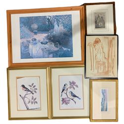 Print after Claude Monet; red chalk sketch of a Nude female, pair prints of birds, 19th century engraving of Byland Abbey and a further print (6)