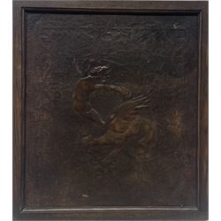Early 20th century leather panel, embossed with mythical beasts 50cm x 44cm within oak frame