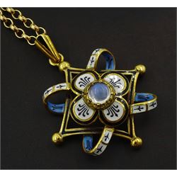 9ct gold moonstone and white, black and blue enamel pendant, London 1979, on 9ct gold belcher link chain necklace