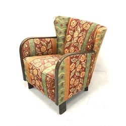 Pair mid to late 20th century continental beech framed shell back armchairs in the Art Deco style, upholstered in striped floral linen, bentwood arms, raised on block supports, possibly German, W67cm, seat width - 49cm, seat depth - 50cm, total height - 81cm