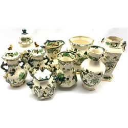 Nine pieces of Masons green Chartreuse including four various covered vases, largest H 25cm, pedestal vase, jug etc