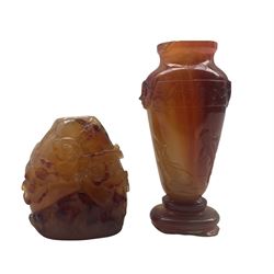 19th century Chinese  carnelian vase carved with carp and masks on an oval foot H11cm  and a carnelian snuff bottle of tapering design carved with flowers H7cm