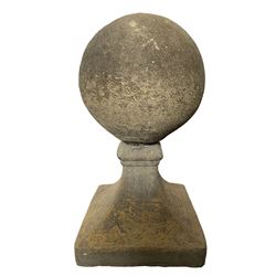 Pair of cast stone spherical ball garden finials or gate post tops