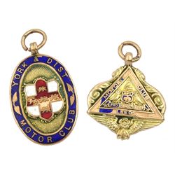 Two early 20th century gold and enamel Leeds and York & Dist Motor Club presentation pendant medallions, both hallmarked, approx 14.7gm